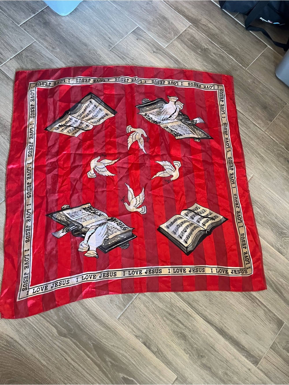 Religious Print Red Square Scarf with Doves and Open Bibles